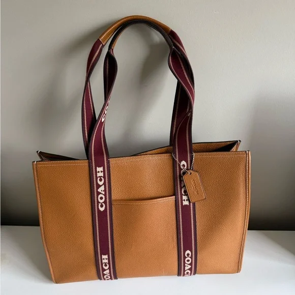 Coach Tan Pebble Leather Tote with Burgundy Logo Straps - Picture 2 of 5